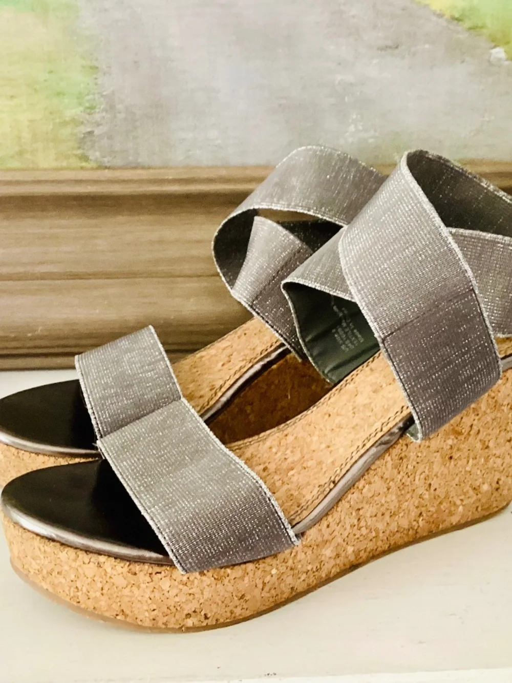 Volatile Silver Elastic Ankle Strap Wedge Cork Platforms Women’s Size 8 Stretch